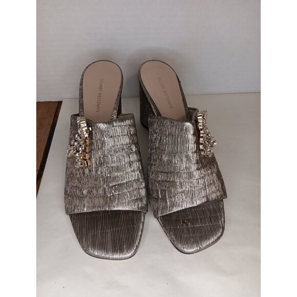 Stuart Weitzman Theone Women's 8.5 M Metallic Pewter Shoes Slip On Dress Heels - Picture 2 of 9